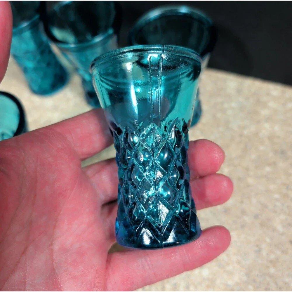 Set of 5 Vintage Diamond Pattern Blue Glass Shot Glasses Made in Tawian